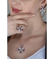 Gümüş Rengarenk Zirkon Taşlı Kalp Tasarım Set (Rose)