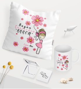 BK Gift Kişiye Özel Bugün Günlerden Annem Beyaz Kupa Ayna Yastık Seti - 2 (Model 1)