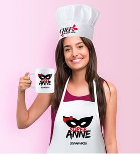 BK Gift Kişiye Özel Süper Anne Mutfak Önlüğü Aşçı Şapkası ve Kupa Seti - 1 (Beyaz)