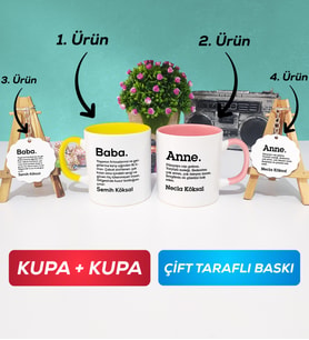 İkili Sarı Pembe Kişiye Özel Baba ve Anne Kupa Bardak Anahtarlık Hediye Seti