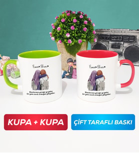 İkili Arkadaşa Hediye Yan Yana Kupa Bardak Yeşil Kırmızı