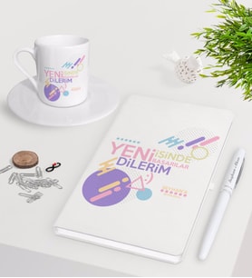 BK Gift Kişiye Özel Yeni İşinde Başarılar Dilerim Beyaz Defter Kalem Türk Kahvesi Fincanı Seti-2 (Model 1)