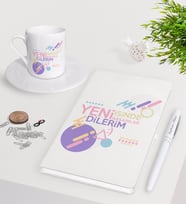 BK Gift Kişiye Özel Yeni İşinde Başarılar Dilerim Beyaz Defter Kalem Türk Kahvesi Fincanı Seti-2 (Model 1)