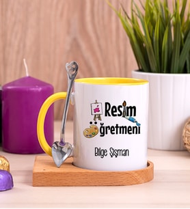 Resim Öğretmeni Ahşap Altlıklı Sarı Kupa Bardak
