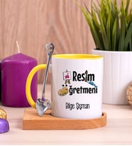 Resim Öğretmeni Ahşap Altlıklı Sarı Kupa Bardak