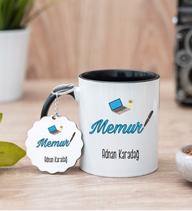 Memur Siyah Kupa Bardak Ve Anahtarlık Set