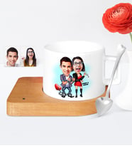 BK Gift Kişiye Özel Sevgililer Karikatür Ahşap Altlıklı Seramik Fincan  1