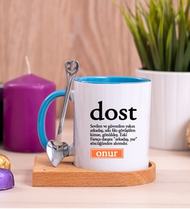 Dost Kelime Anlamı Ahşap Altlıklı Mavi Kupa Bardak