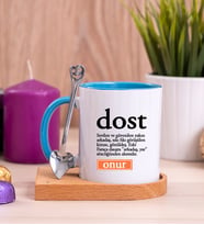 Dost Kelime Anlamı Ahşap Altlıklı Mavi Kupa Bardak