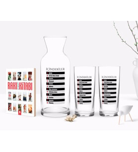 BK Gift Renkli Baskılı İçindekiler Tasarımlı İkili Rakı Bardağı Karaf ve Cep Kitabı Hediye Seti-1 (Model 1)