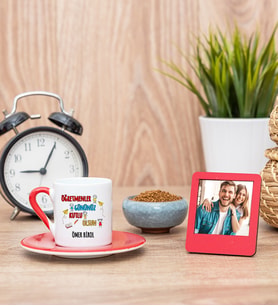 Öğretmenler Günü Hediyesi Kırmızı Fincan ve Kırmızı Mini Fotoğraf Çerçevesi