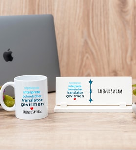 Çevirmen Beyaz Kupa Bardak Ve Masa İsimliği Hediye Seti