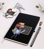 BK Gift Kişiye Özel Erkek Fen Bilimleri Öğretmeni Karikatürlü Siyah Defter Kalem Ve Anahtarlık Hediye Seti-1 (Model 1)
