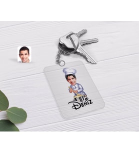 BK Gift Kişiye Özel Erkek Aşçı Karikatürlü Şeffaf Pleksi Anahtarlık-1 (Beyaz)