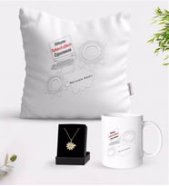 BK Gift Kişiye Özel Bilişim Teknolojileri Öğretmeni Beyaz Kupa Yastık ve İsimli Papatya Kolye Hediye Seti-1 (Model 1)