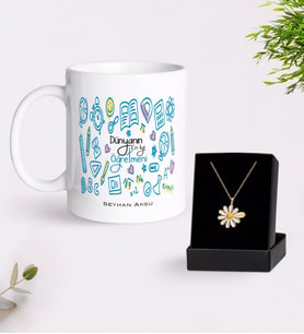BK Gift Kişiye Özel Dünyanın En İyi Öğretmeni Beyaz Kupa ve Papatya Kolye Hediye Seti-15 (Model 1)