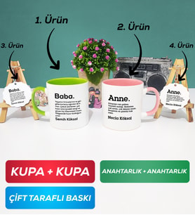 İkili Yeşil Pembe Kişiye Özel Baba ve Anne Kupa Bardak Anahtarlık Hediye Seti