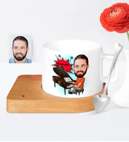 BK Gift Kişiye Özel Piyanist Karikatür Ahşap Altlıklı Seramik Fincan  1
