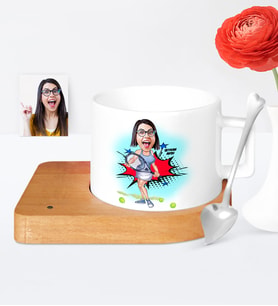 BK Gift Kişiye Özel Tenis Oyuncusu Karikatür Ahşap Altlıklı Seramik Fincan  1
