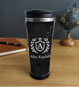 Kişiye Özel İsim Tasarımlı Mermer Desenli 400 ml Termos Bardak  (Siyah)