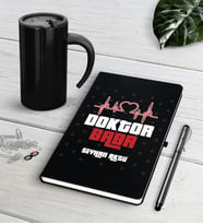 BK Gift Kişiye Özel Doktor Baba Siyah Defter Kalem Termos Mug Seti-2 (Model 1)
