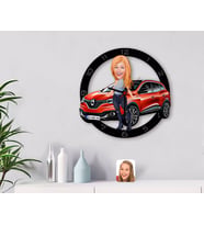 BK Gift Kişiye Özel Plakalı Kadın Renault Kadjar Karikatürlü Ahşap Duvar Saati-1 (Beyaz)