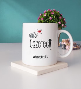 Gazeteci Tasarımlı Kişiye Özel Hediye Gazeteci Kupa Bardak ve Taş Bardak Altlığı Hediye Seti