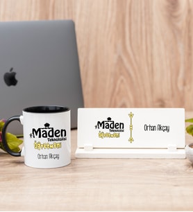 Maden Teknolojisi Öğretmeni Siyah Kupa Bardak Ve Masa İsimliği Hediye Seti