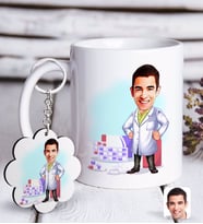 BK Gift Kişiye Özel Erkek Eczacı Karikatürlü Beyaz Kupa ve Anahtarlık Hediye Seti-3 (Model 1)