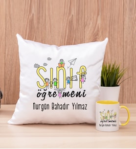 Sınıf Öğretmeni Kare Yastık ve Sarı Kupa Bardak