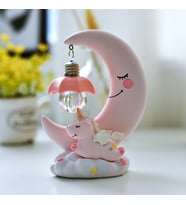 Dekoratif  Ay Dede ve Minik Unicorn Temalı Masa Lambası ve Biblo (Pembe)