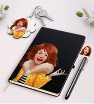 BK Gift Kişiye Özel Kadın Animasyon Karikatürlü Siyah Defter Kalem Ve Anahtarlık Hediye Seti-7 (Model 1)