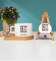 Dayı Tasarımlı Kişiye Özel Hediye Dayı Ahşap Altlıklı Fincan ve Anahtarlık Hediye Seti