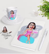 BK Gift Kişiye Özel Bayan Doğum Günü Karikatürlü Beyaz Defter Kalem Türk Kahvesi Fincanı Seti-2 (Model 1)