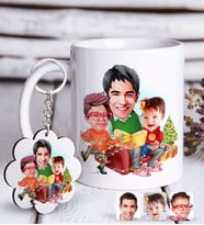 BK Gift Kişiye Özel Yeni Yıl Aile Karikatürlü Beyaz Kupa ve Anahtarlık Hediye Seti-1 (Model 1)