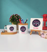 Love Yourself Tasarımlı Kişiye Özel Hediye Ahşap Altlıklı Fincan Kalemlik ve Dekoratif Taş Baskı Seti