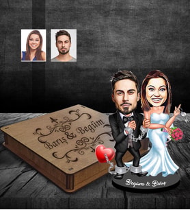 Kişiye Özel Gelin Damat Karikatürlü Ahşap Biblo Kutulu Mod-7