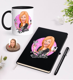 BK Gift Kişiye Özel Kadın Dövme Sanatçısı Karikatürlü Siyah Defter Kalem ve Kupa Seti-1 (Model 1)