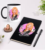 BK Gift Kişiye Özel Kadın Dövme Sanatçısı Karikatürlü Siyah Defter Kalem ve Kupa Seti-1 (Model 1)