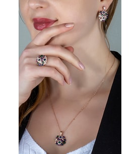 Gümüş Rengarenk Zirkon Taşlı Renklerin Büyüsü Tasarım Set (Rose)