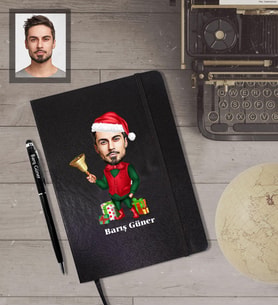 Kişiye Özel Yılbaşı Erkek Karikatürlü Siyah Defter Kalem Hediye Seti Model-10