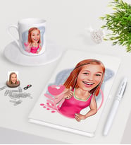 BK Gift Kişiye Özel Bayan Karikatürlü Beyaz Defter Kalem Türk Kahvesi Fincanı Seti-49 (Model 1)