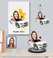 Kişiye Özel Sürücü Karikatürlü 3 lü Hediye Seti Bayan-2