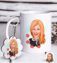 BK Gift Kişiye Özel Bayan Karikatürlü Beyaz Kupa ve Anahtarlık Hediye Seti-51 (Model 1)
