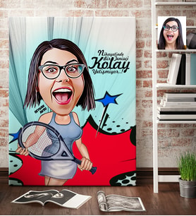 BK Gift Kişiye Özel Bayan Tenis Oyuncusu Karikatür Kanvas Tablo 70x100cm 1