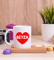 İsim Yazılı Kırmızı Kalpli Ahşap Altlıklı Mumlu Beyaz Kupa Bardak