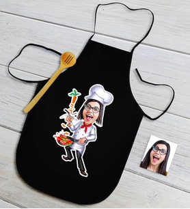 BK Gift Kişiye Özel Bayan Chef Karikatürlü Siyah Mutfak Önlüğü-5