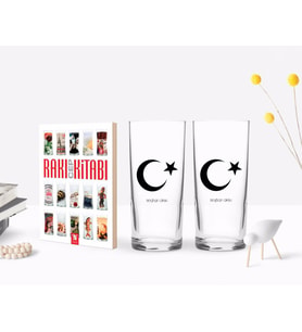 BK Gift Kişiye Özel Renkli Baskılı Ayyıldız Tasarımlı İkili Rakı Bardağı ve Rakı Cep Kitabı Hediye Seti-1 (Model 1)