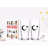 BK Gift Kişiye Özel Renkli Baskılı Ayyıldız Tasarımlı İkili Rakı Bardağı ve Rakı Cep Kitabı Hediye Seti-1 (Model 1)
