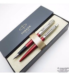 Parker Jotter Metal Kırmızı Dolma Kalem + Tükenmez Kalem Set  İsme Özel Kalem  Hediyelik Kalem